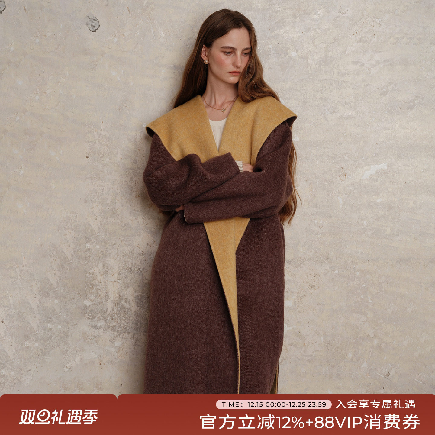 竹依依栗棕色手工双面毛呢大衣女