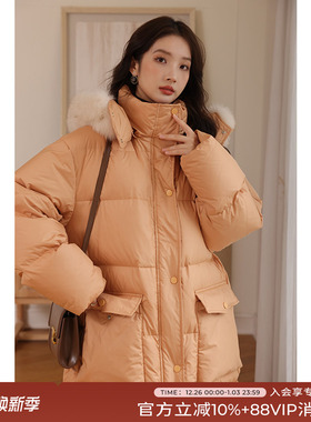 竹依依2025春季新款高端超大毛领长款过膝羽绒服女冬狐狸毛鹅绒服
