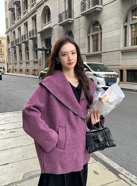 竹依依紫色慵懒连帽双面毛呢大衣短款大衣