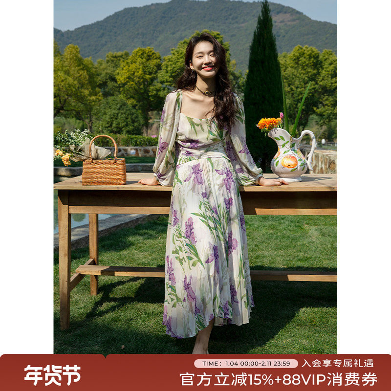 竹依依法式方领长袖度假印花裙女春夏长款收腰温柔紫色露背连衣裙,女装/女士精品,连衣裙,淘宝优惠券,粉丝福利购,淘宝优惠卷