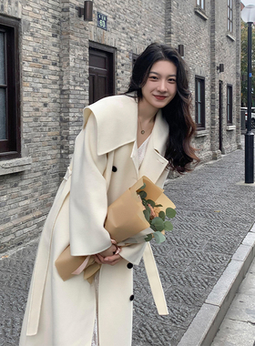 竹依依宽松系带温柔白色双面羊绒大衣女毛呢外套高级感