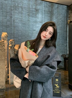 竹依依复古双面羊绒大衣女春季2025新款大翻领系带高级感毛呢外套