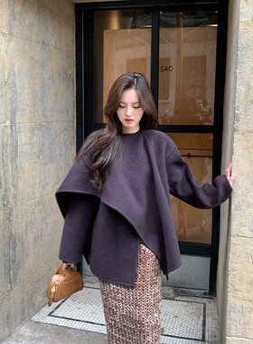 竹依依紫色双面羊绒大衣女2025新款斗篷披肩大围巾短款毛呢外套