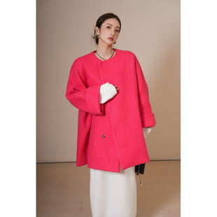 竹依依高端短款红色羊驼毛大衣女冬2025新款高级感毛呢外套小个子