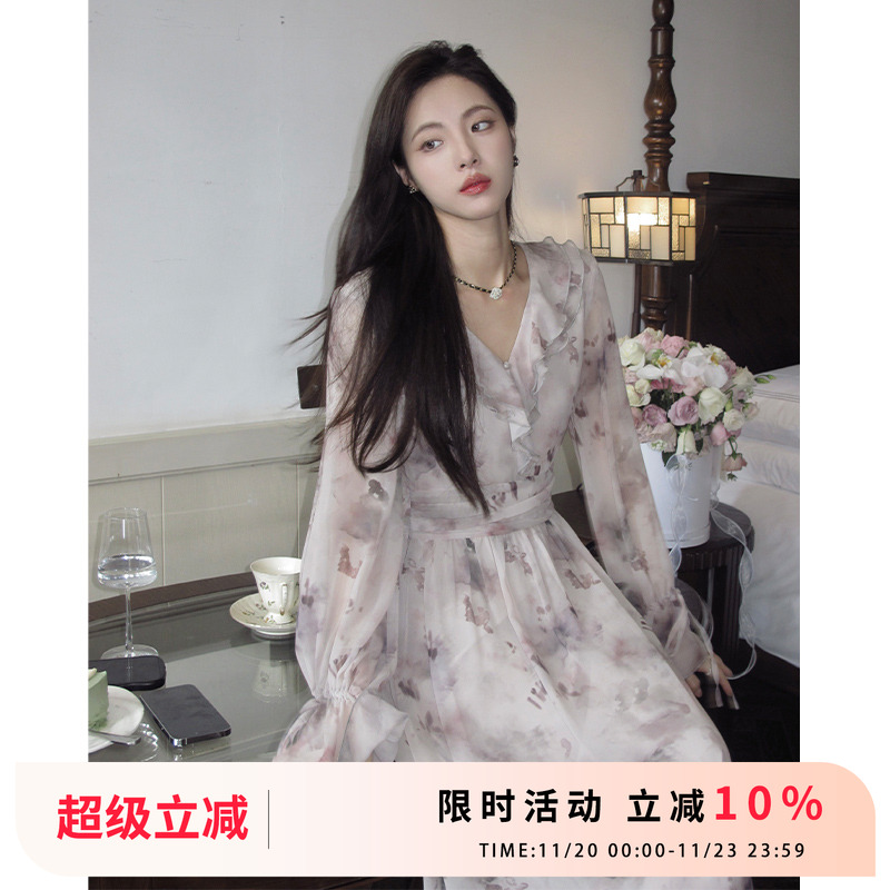 扎染气质紫色水墨印花连衣裙