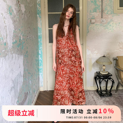 竹依依法式原创复古红色苎麻印花挂脖连衣裙高级感v领显瘦长裙子