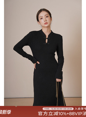 竹依依新中式国风旗袍领黑色针织连衣裙2025春季新款显瘦打底长裙
