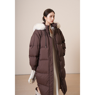 竹依依咖色长款立领高端大狐狸毛领羽绒服女春季加厚过膝90鹅绒服