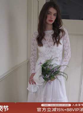 竹依依法式白色微透高级感长袖蕾丝衫女复古浪漫精致朦胧感上衣