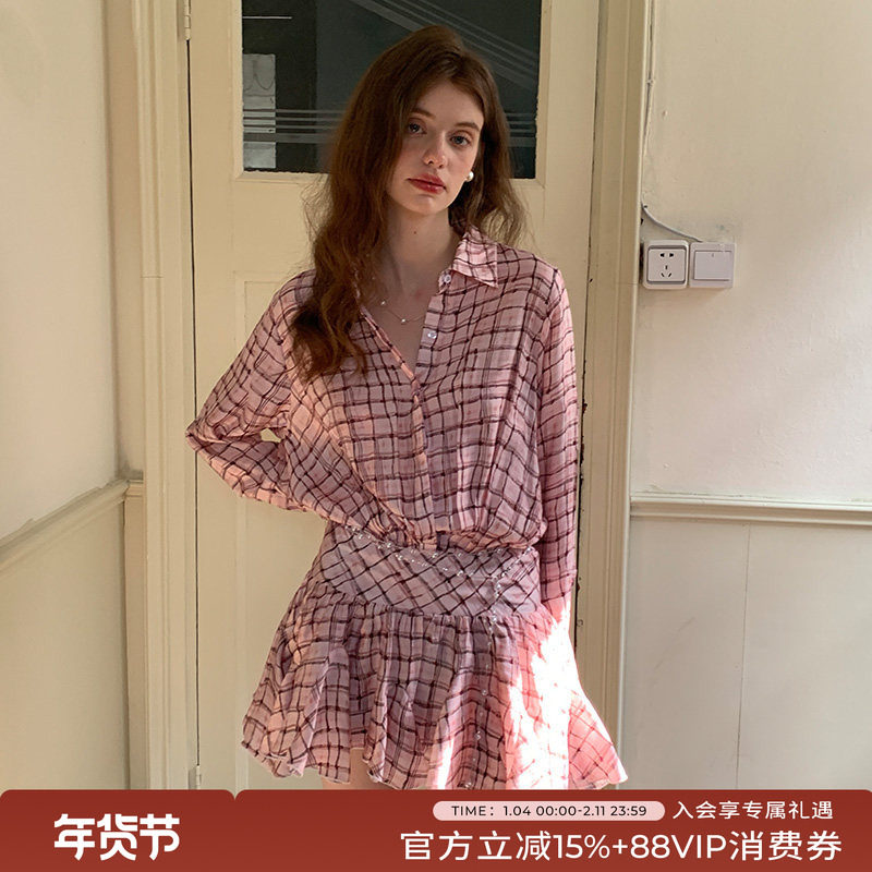 竹依依原创学院少女风翻领荷叶边连衣裙女夏粉色格子纯欲甜美短裙,女装/女士精品,连衣裙,淘宝优惠券,粉丝福利购,淘宝优惠卷