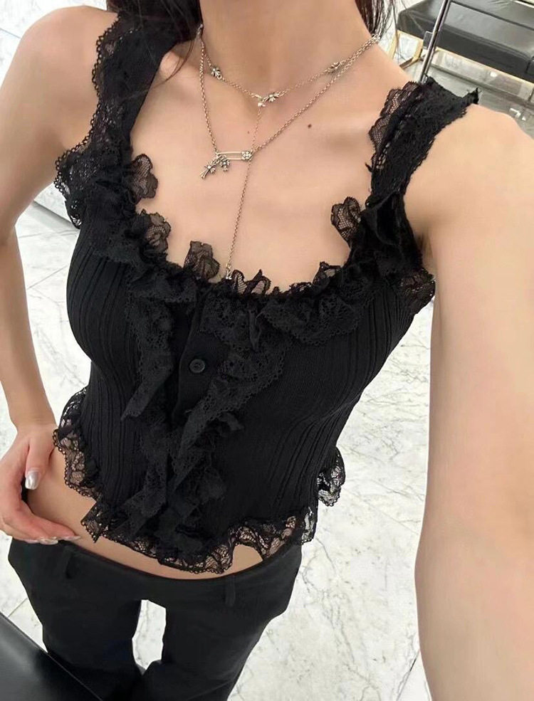 24夏季新款玫瑰的故事刘亦菲同款蕾丝拼接黑色百搭针织吊带背心女