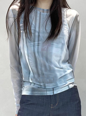 LOW CLASSIC 2023春夏新款百搭显瘦背心假两件印花网纱长袖T恤女