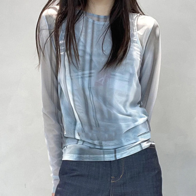 LOW CLASSIC2026春夏新款百搭显瘦背心假两件印花网纱长袖T恤女