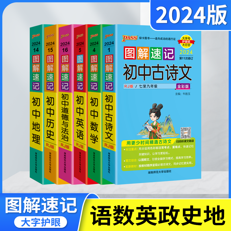 2024适用6本pass绿卡图解速记初中古诗文数学英语道德与法治历史地理人教版思维导图七八九年级上下册中考基础知识大全解读速查辅