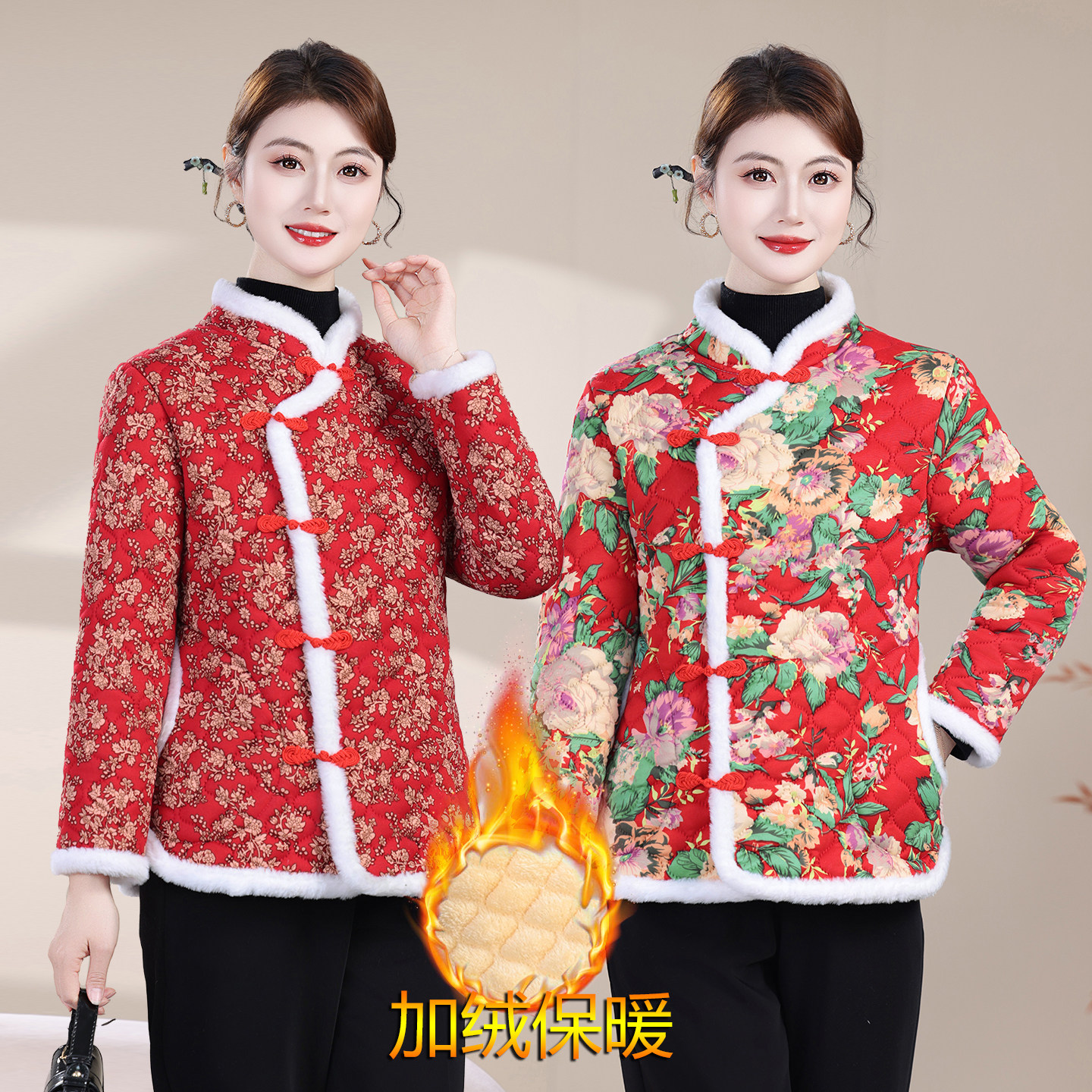 中国风盘扣碎花棉袄女中老年妈妈装加绒加厚保暖棉服冬外套