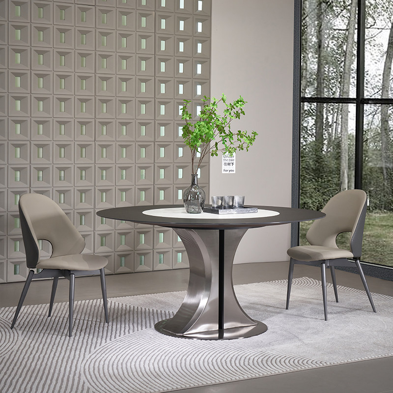 意式极简德利丰亮光岩板餐桌椅组合家用圆形饭桌内嵌转盘圆桌高端