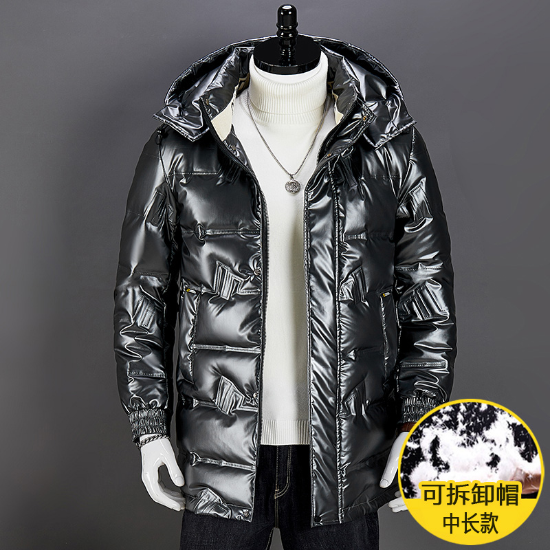 新款亮面羽绒服男冬季可拆卸帽中长款加厚棉衣中年保暖外套爸爸装