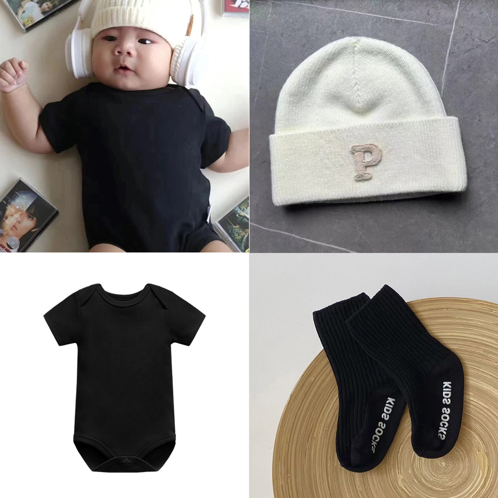 满月小宝宝拍照套装纯棉包屁连体衣爬服新生儿短袖黑白灰春夏童装