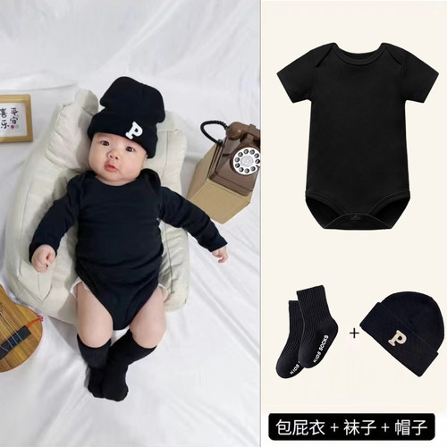 新生儿拍照三角哈衣纯棉包屁连体衣爬服新生儿短袖黑白灰春夏童装