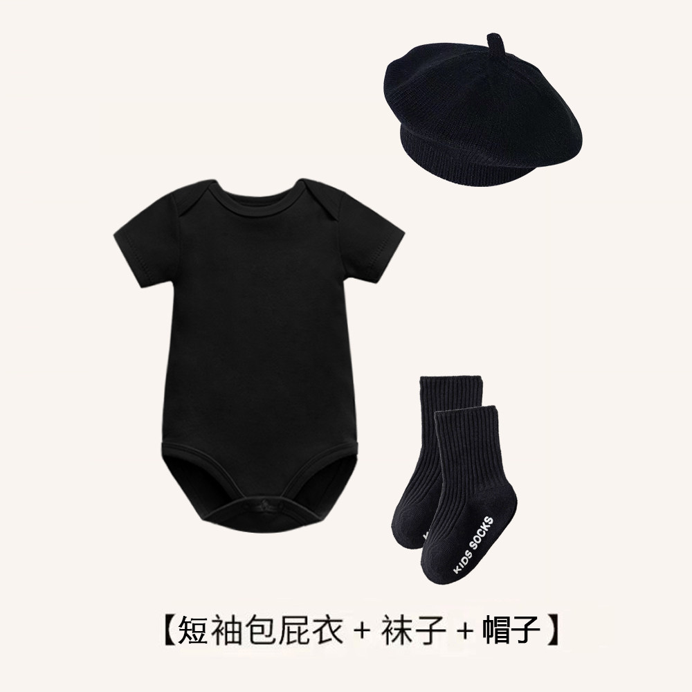 外贸婴幼儿三角哈衣纯棉包屁连体衣爬服新生儿短袖黑白灰春夏童装