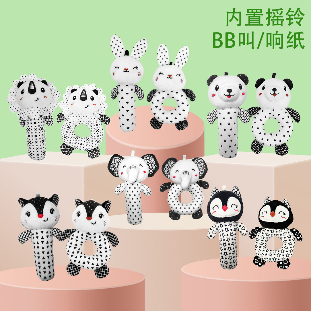 mamibeby新款婴幼儿bb棒玩具卡通动物黑白手摇铃可爱婴儿手摇棒