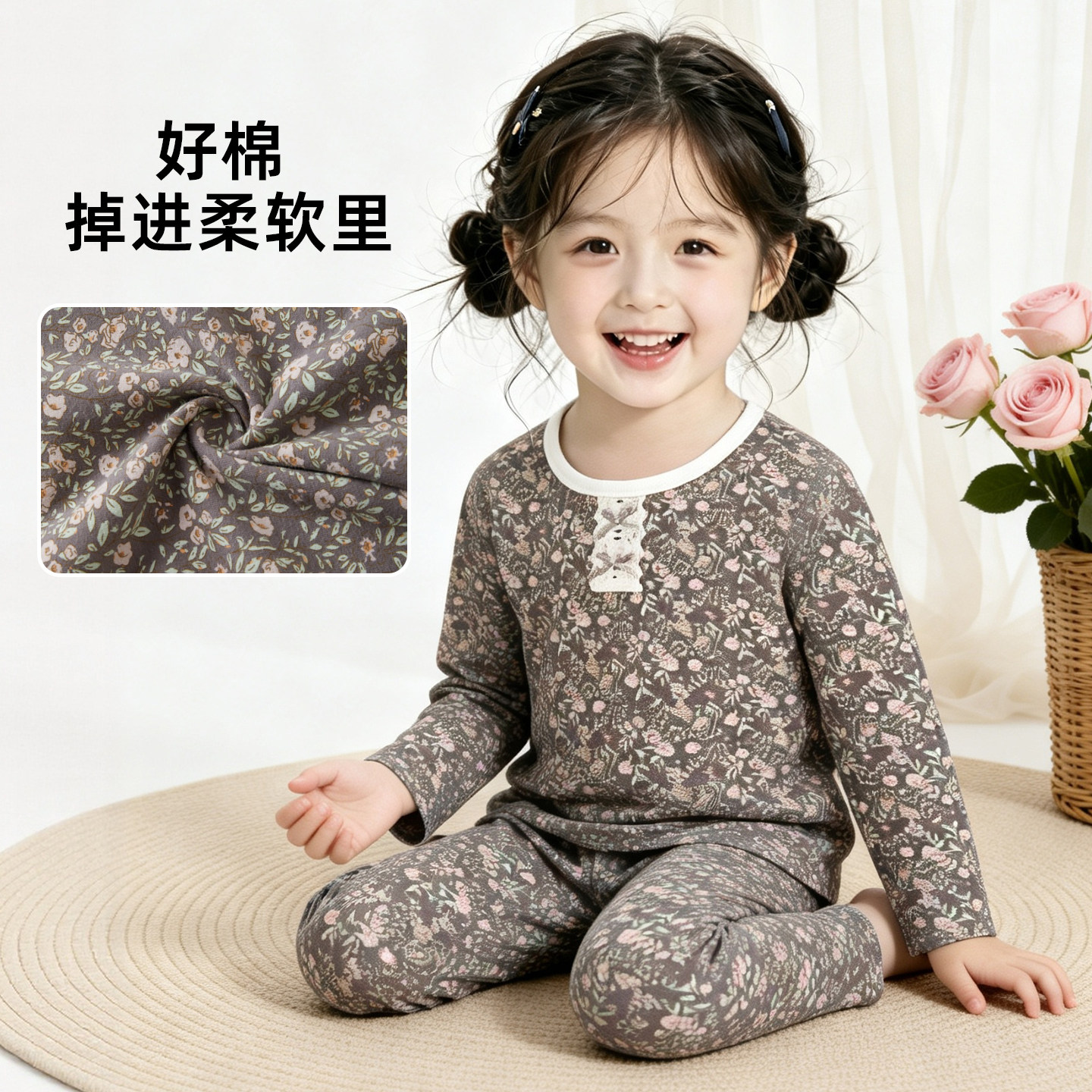 女宝宝A类纯棉秋冬保暖内衣套装女童家居服秋衣秋裤儿童无骨睡衣