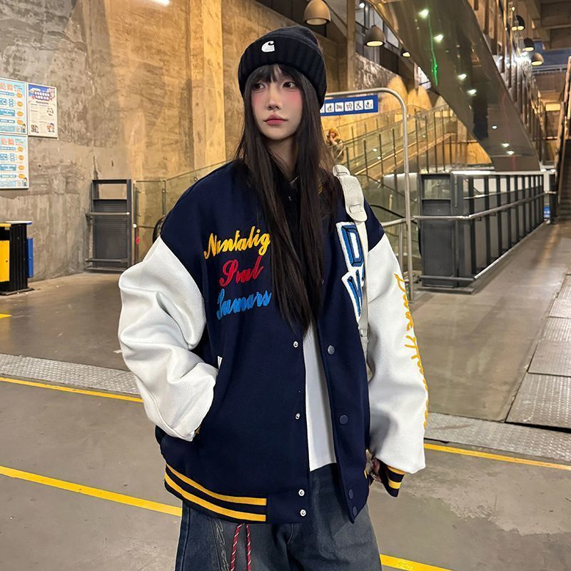 春秋季新款复古拼接刺绣字母棒球服宽松韩版学生百搭开衫潮外套女