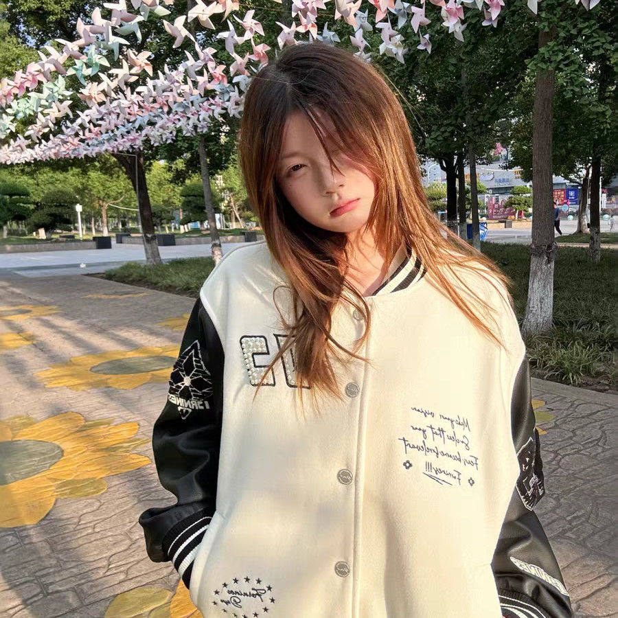 美式复古撞色拼接刺绣钉珠棒球服绣花女秋冬宽松百搭珍珠开衫夹克