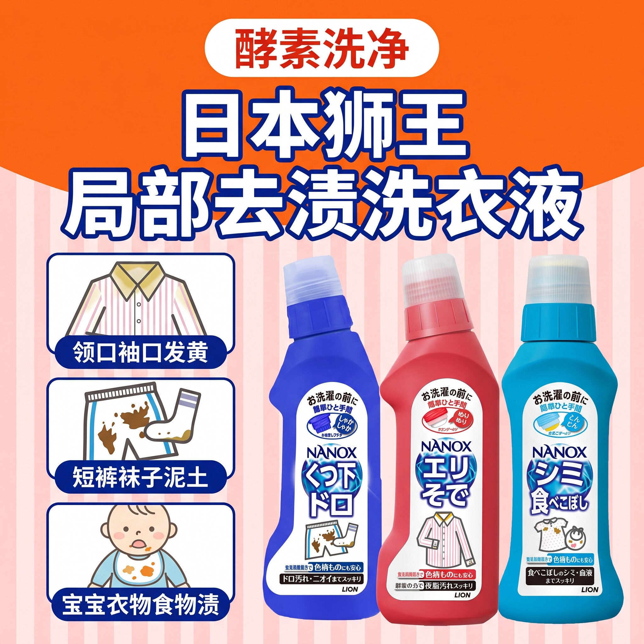 日本原装狮王深层去渍去油宝宝饭兜洁净去污洗衣液无荧光剂衣领净