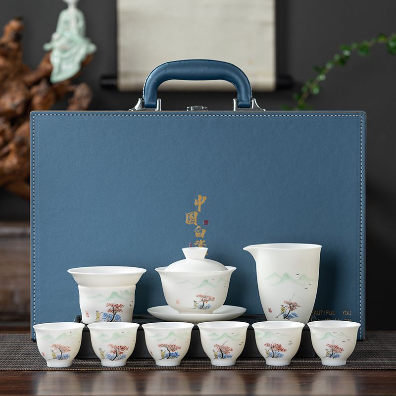 纯手绘羊脂玉茶具套装功夫茶具家用送礼陶瓷茶具国风旅行茶具盖碗