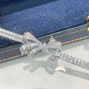 18K白金进口莫桑石D色双排钻丝带蝴蝶结满钻手链公主风气质甜美