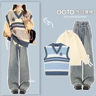 女童秋装2025新款春秋洋气时髦套装衬衫马甲女孩学院风牛仔裤三件