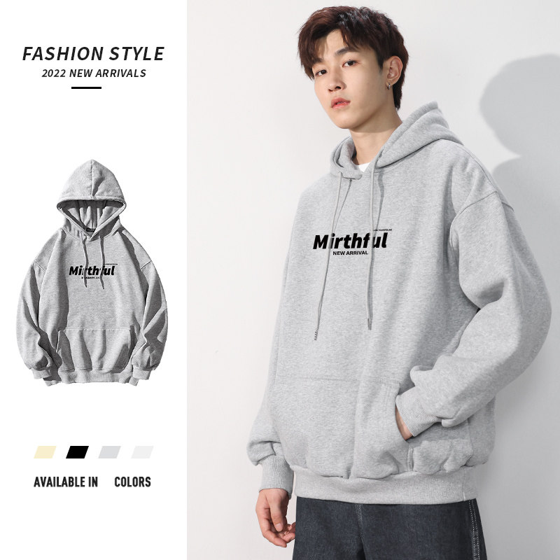 灰色加绒中山连帽卫衣男款秋冬季美式加厚oversize外套上衣潮