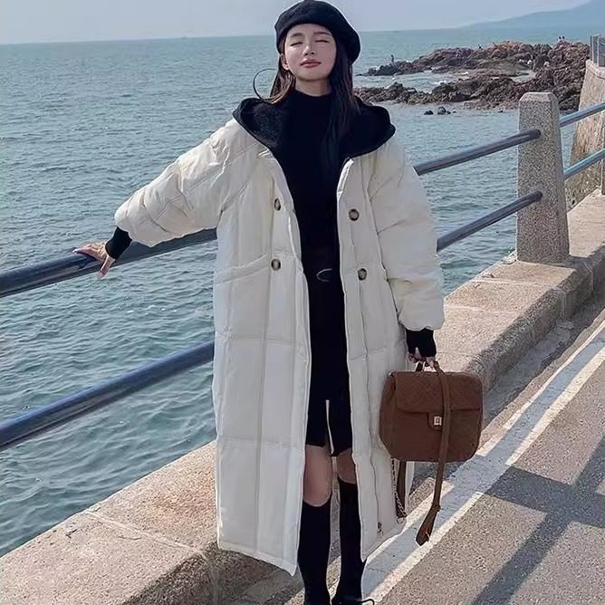 羽绒服女2024新款中长款过膝针织连帽宽松加厚假两件白鸭绒外套潮