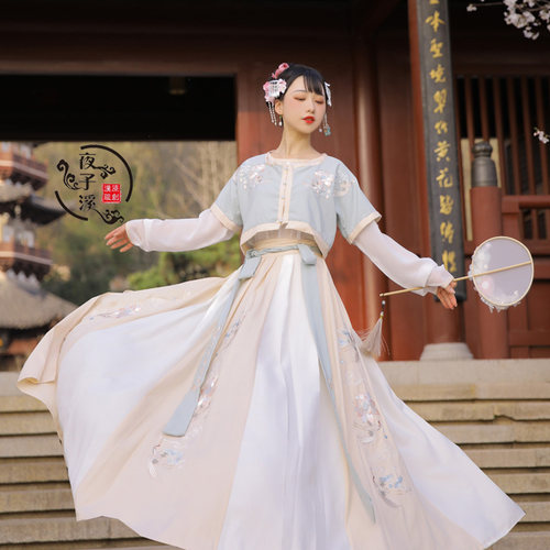 夜子溪原创汉服坦领三件套鹤春归一片式齐腰半臂刺绣全套春夏秋款 - 封面