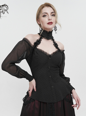 钢铁老爷夜店哥特维多利亚女士衬衫衬衣长袖立领蕾丝雪纺性感黑色