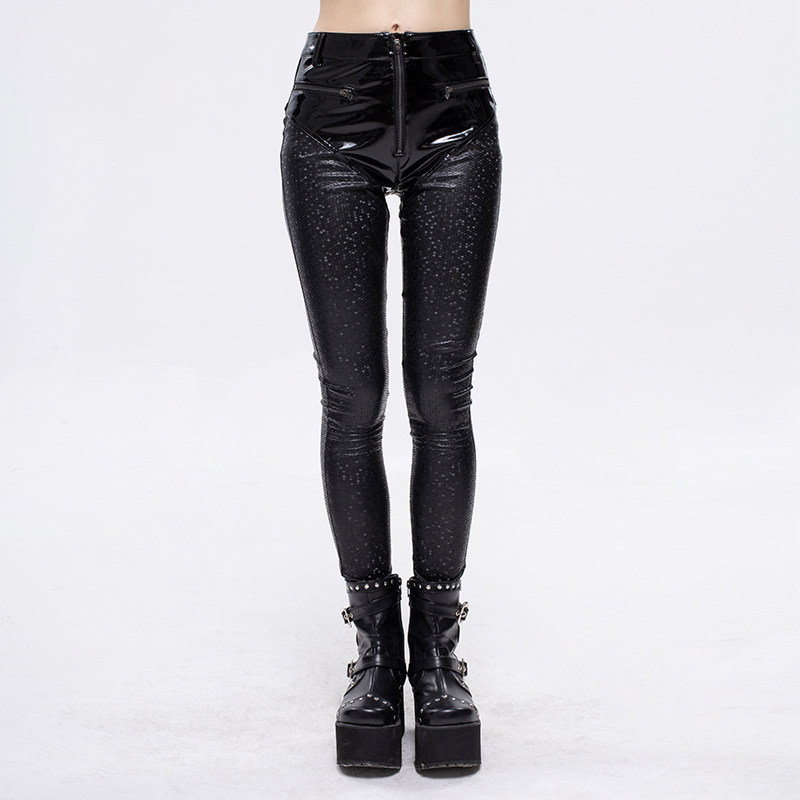 朋克女装休闲裤不规则星点反光亮皮长裤中腰小脚铅笔裤长裤PU皮裤