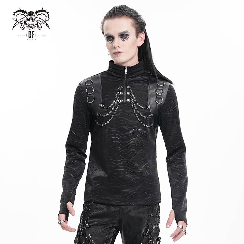 Devil Fashion恶魔时尚哥特暗黑男装半高领链条T恤打底衫TT284