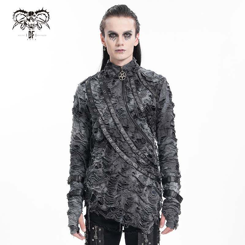 Devil Fashion恶魔时尚哥特暗黑男装 破洞款半高领T恤打底衫TT281