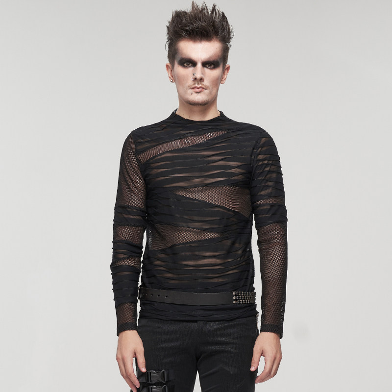 街头朋克摇滚风男装高弹套头长袖t恤性感透视休闲夜店酒吧薄上衣