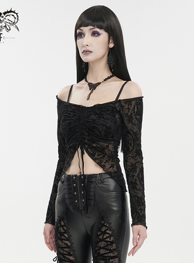 钢铁老爷朋克女士衬衫上衣衬衣绑带长袖修身修身一字领黑色显瘦