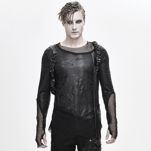 颓废朋克风T恤男破烂拼接菱形网布长袖上衣做旧不规则春夏季服饰