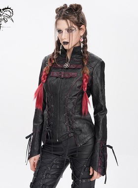 DevilFashion哥特风黑色拼接绑带皮衣外套CT26301