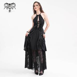 Devil 女装 哥特抽绳朋克挂脖长款 连衣裙SKT213 Fashion恶魔时尚