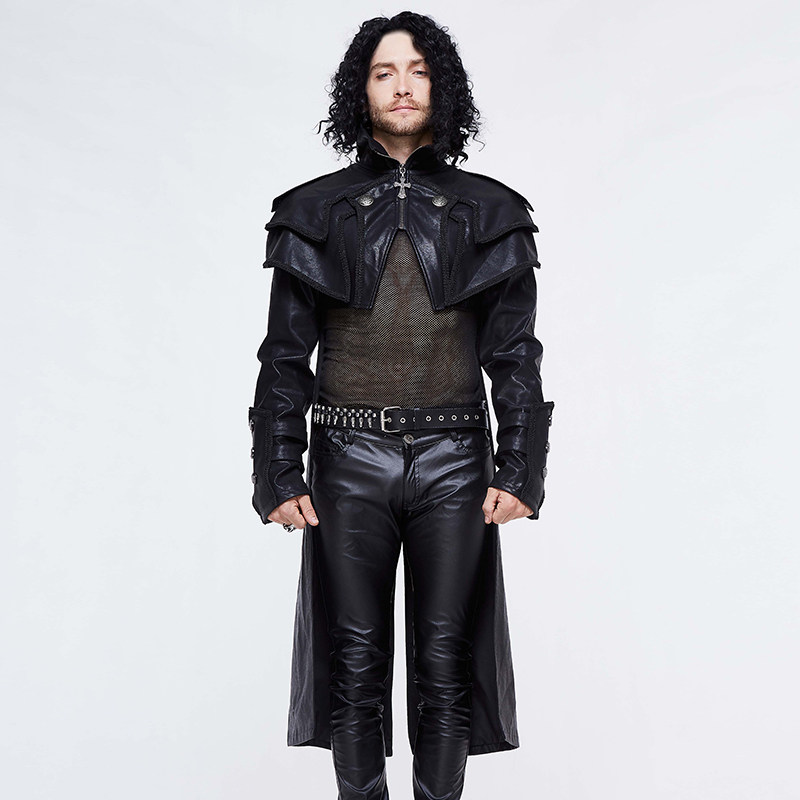 披肩式游戏外套朋克摇滚风立领皮衣加厚秋冬季长款风衣男斗篷披风