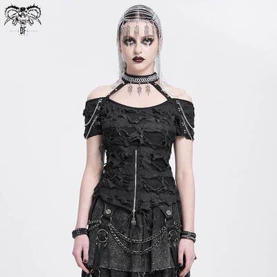 Devil Fashion恶魔时尚女装哥特破烂针织挂脖露肩朋克T恤TT291