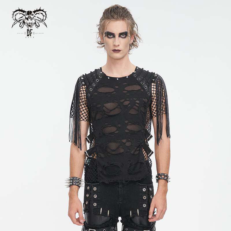 Devil Fashion恶魔时尚男装哥特朋克暗黑破洞流苏装饰男T恤TT276