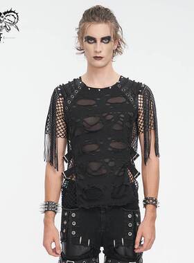 Devil Fashion恶魔时尚男装哥特朋克暗黑破洞流苏装饰男T恤TT276