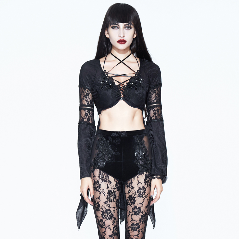 哥特风暗黑系女装病娇衣服丧系萝莉蕾丝缕空长袖拼接短外套T恤