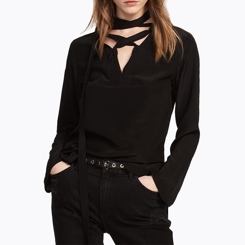 欧美秋冬街头百搭上衣女装 暗黑系胸前交叉绑带缕空性感打底长袖